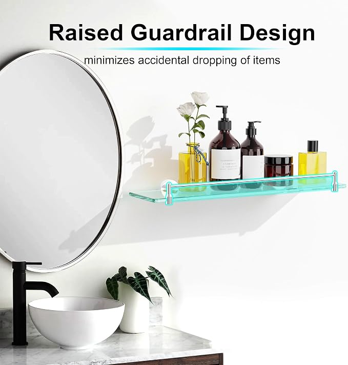 20 Inches Glass Shelves for Bathroom, Chrome Polished Floating Glass Shelf - Image 5