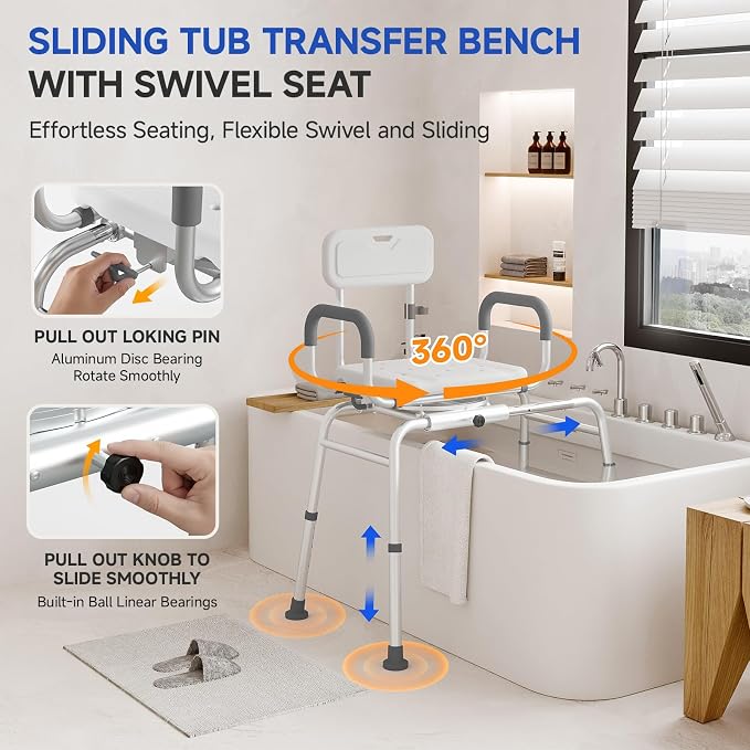Sliding Shower Chair with Swivel Seat, Tub Transfer Bench - Image 2
