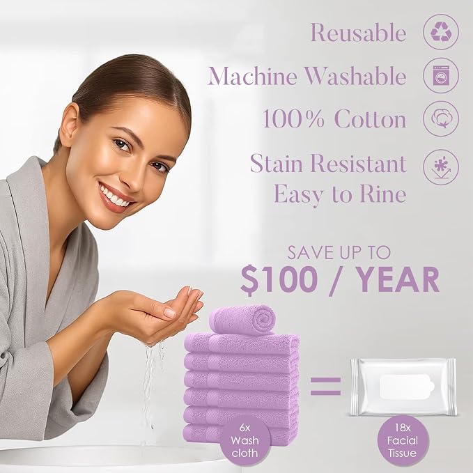DAN RIVER 12-Pack Premium 100% Cotton Lavendar Face Towels – Reusable Face - Image 3