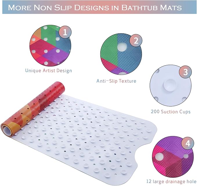 Rainbow Bathtub Mat Non Slip for Kids 40x16 Extra Long Geometry Modern Art Bath - Image 4