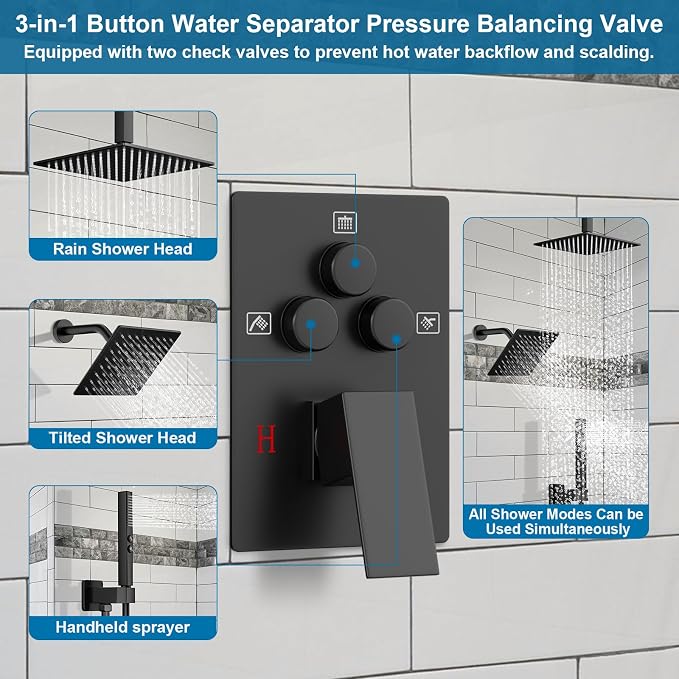 Shower Faucet Set Matte Black Shower System, Ceiling Mount 10 Inch Shower Head - Image 6