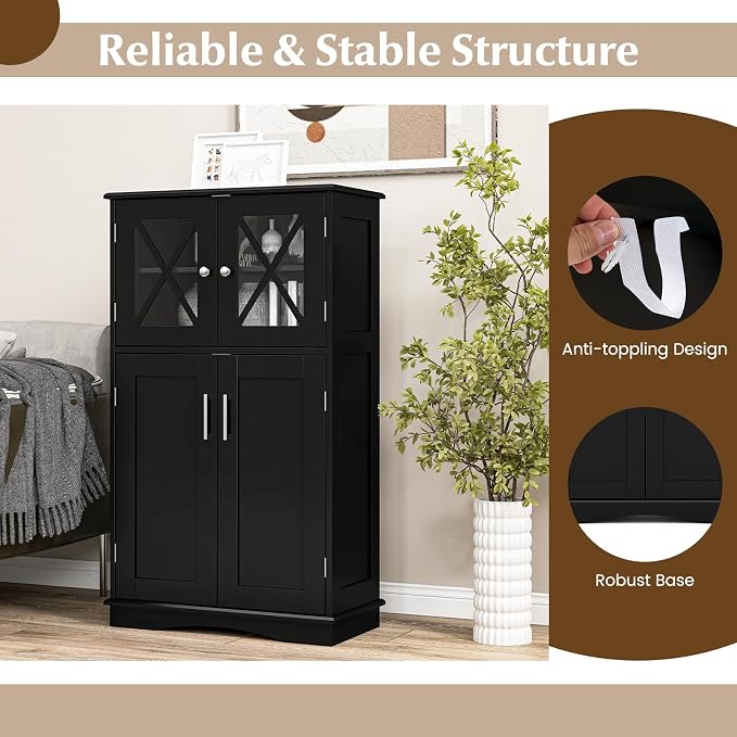 Tangkula Freestanding Floor Cabinet w/2 Glass Doors, 3-Level Adjustable Shelves - Image 6