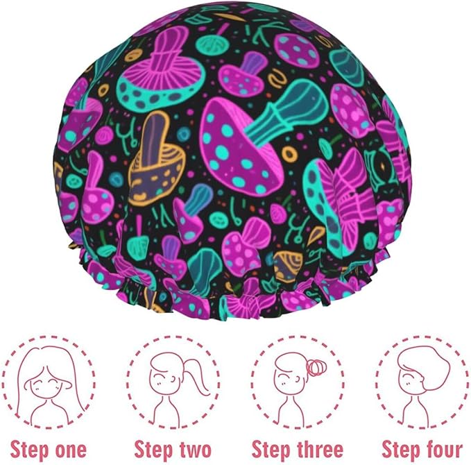 Double Layers Shower Caps for Women Girls, Colorful Mushroom Neon Glow in Dark - Image 7