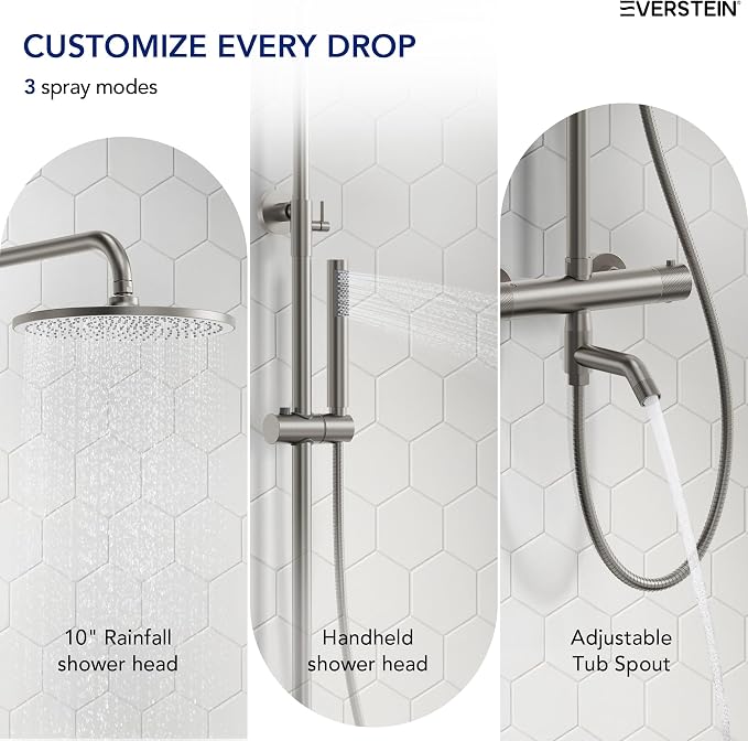 Exposed Shower System with Tub Spout, EVERSTEIN 10 inch High Pressure Shower - Image 3