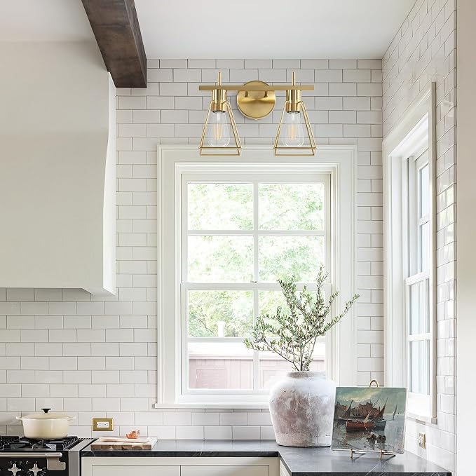 Industrial Bathroom Vanity Lights: 2-Lights Brush Gold Vintage Metal Cage Wall - Image 6