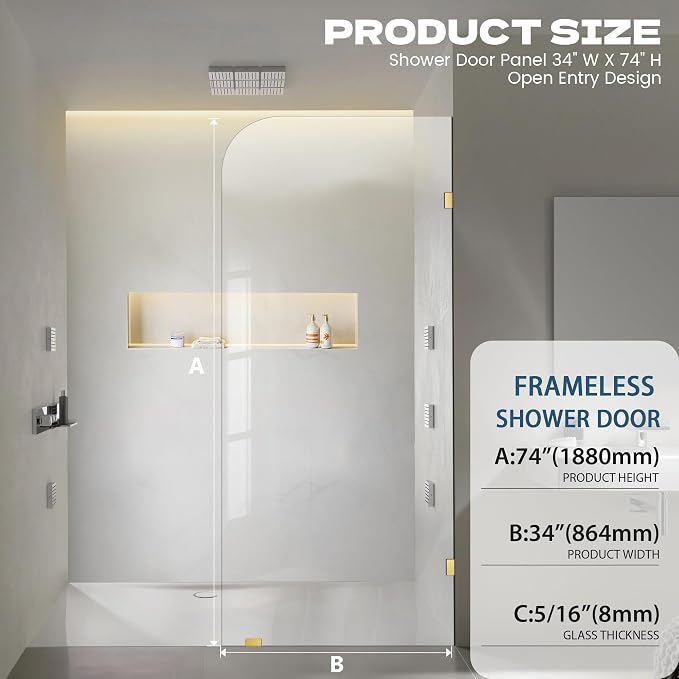 34" W ×74" H Shower Glass Panel, Frameless Bathroom Shower Door, Fixed Glass - Image 2