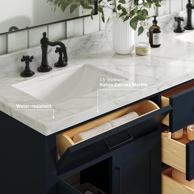 ARIEL Double Vanity 73" Midnight Blue, 1.5" Edge Italian Carrara Marble - Image 4