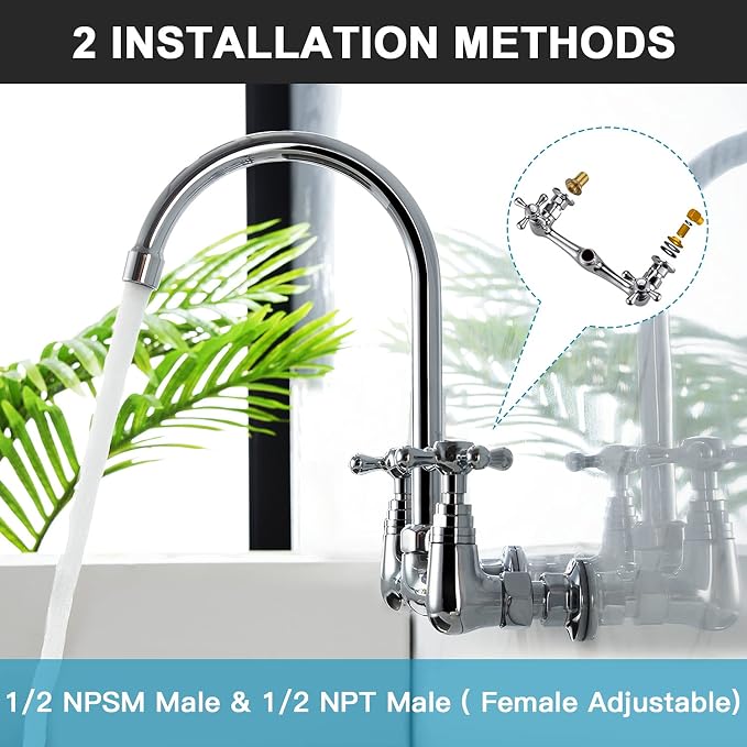 Commercial Brass Wall Mount Faucet, 2 Handles, 8 Inches Center, 360 Swivel - Image 4