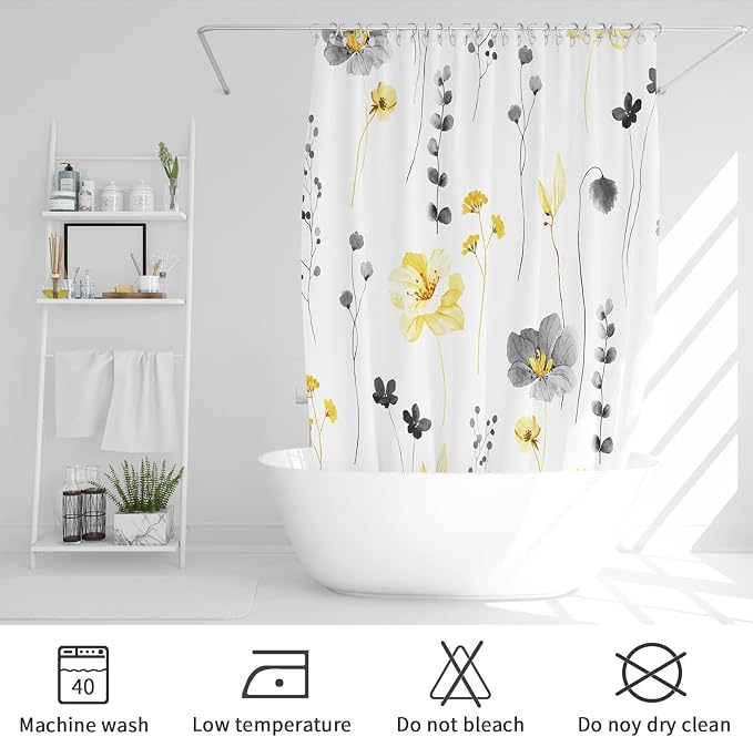 Gibelle Yellow and Grey Floral Shower Curtain, Watercolor Flower Shower Curtain - Image 6