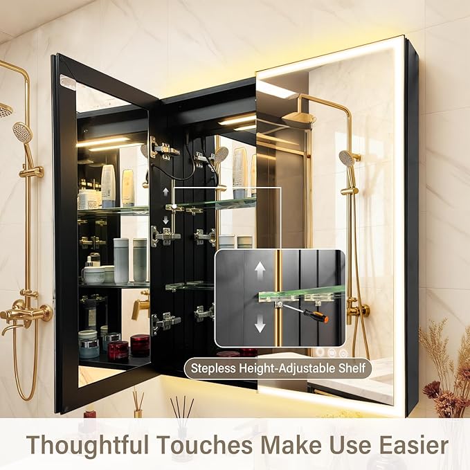 Aluminum Medicine Cabinet with Light, Stepless Glass Shelf, 3 Colors Temperature - Image 6