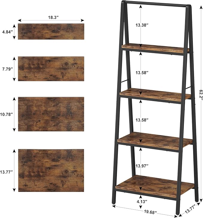 Homeiju 4-Tier Leaning Ladder Bookshelf, Rustic and Wood Ladder Shelf Bookcase - Image 3