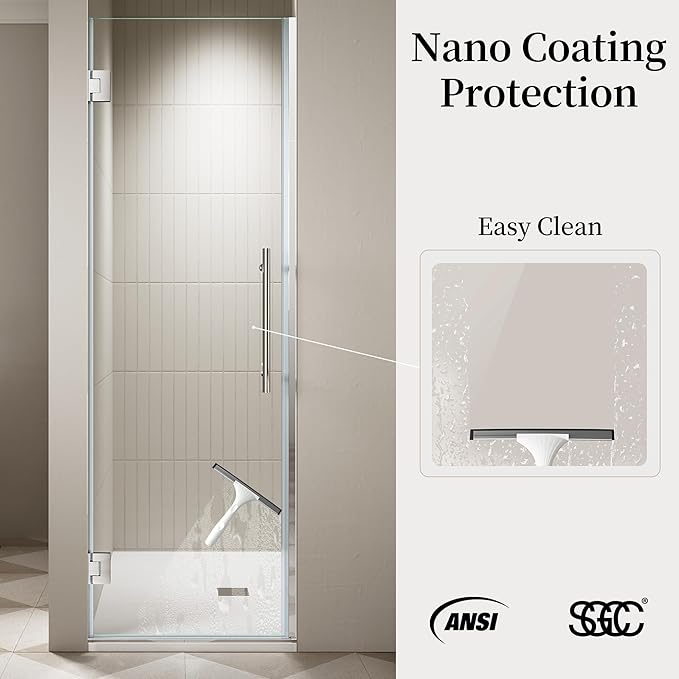 23.6-23.8" x 72" Frameless Hinged Shower Door, Single Swing Shower Panel - Image 3