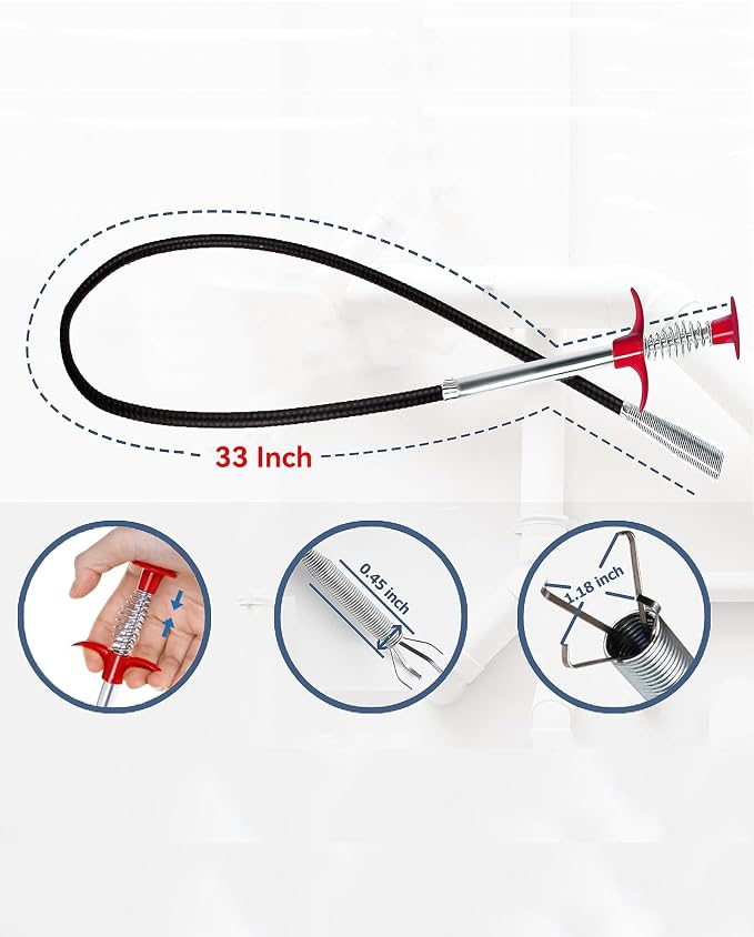 Drain Snake, 33 inch Flexible Grabber Claw Pick Up Reacher Tool, Drain Clog - Image 2