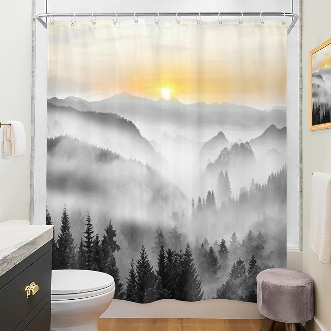 Riyidecor Misty Mountain Shower Curtain 60Wx72H Inch Sunrise Foggy Woodland - Image 4