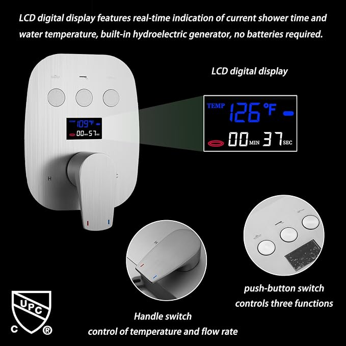 Brushed Nickel Shower System Set Temperature Display Push Button Shower Faucet - Image 7