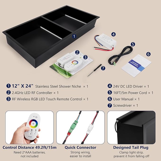 12" X 24" RGB LED Shower Niche No Tile Needed, 304 Stainless Steel Shower Niche - Image 7