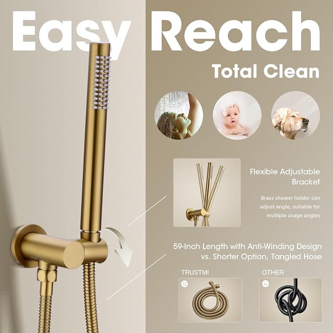 TRUSTMI Push Button Shower System, Brushed Brass Gold 10 Inch Rainfall Shower - Image 5