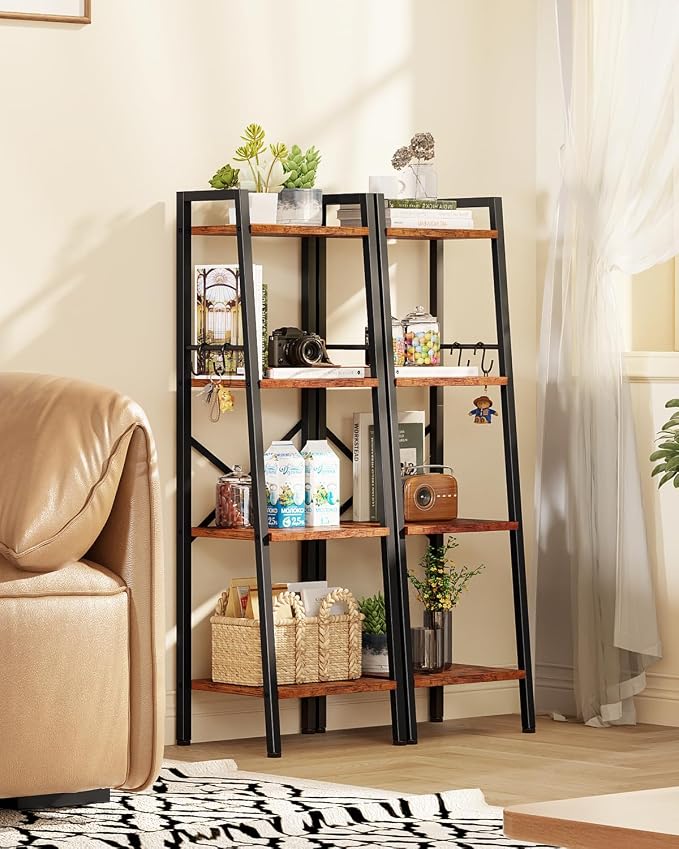 Furologee 4 Tier Ladder Bookshelf Narrow, Metal Wooden Ladder Shelf Bookcase - Image 2