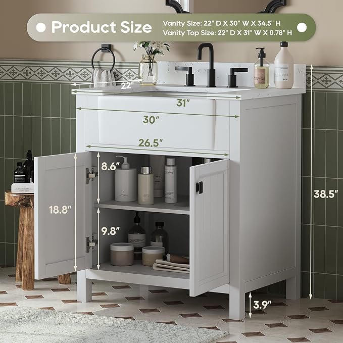 30 Inch Bathroom Vanity with Sink, Farmhouse Single Sink Bathroom Vanity with - Image 2