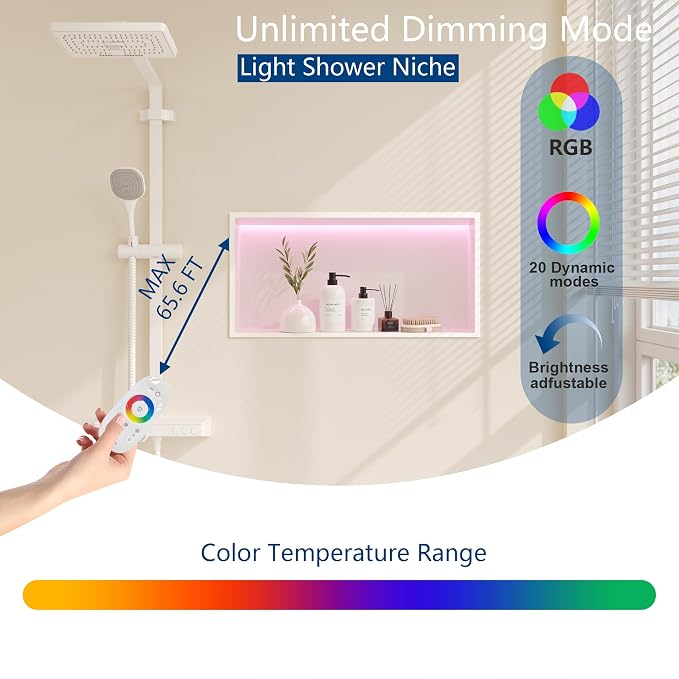 White Stainless Steel Shower Niche 24x12Inch, Dimmable RGB Led Light Wall Niche - Image 5