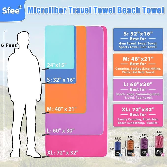 Sfee 2 Pack Microfiber Travel Towel, Quick Dry Camping Towel Large Beach Towel - Image 4