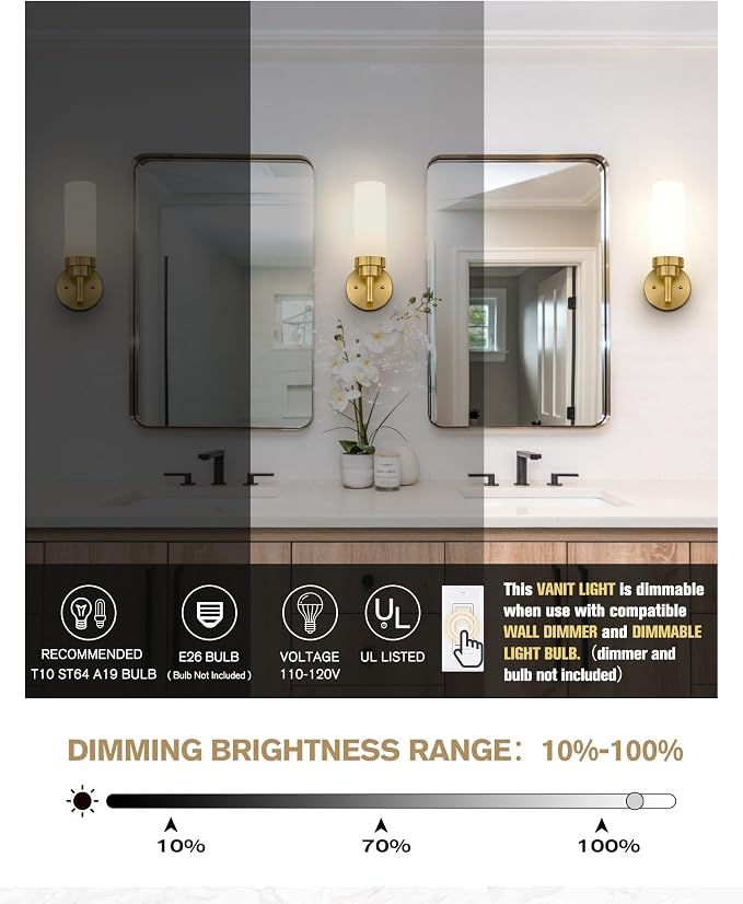 Emak Wall Sconces Set of 2, Modern Brushed Gold Bathroom Vanity Sconce Wall - Image 2