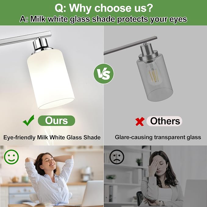 4-Light Vanity Light with Milky White Shades, Chrome Bathroom Lighting Fixtures - Image 5