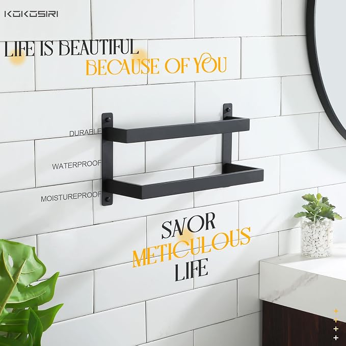 KOKOSIRI Towel Bars Black Bath Towel Holders 16 Inches Bathroom 2-Tiers Ladder - Image 7