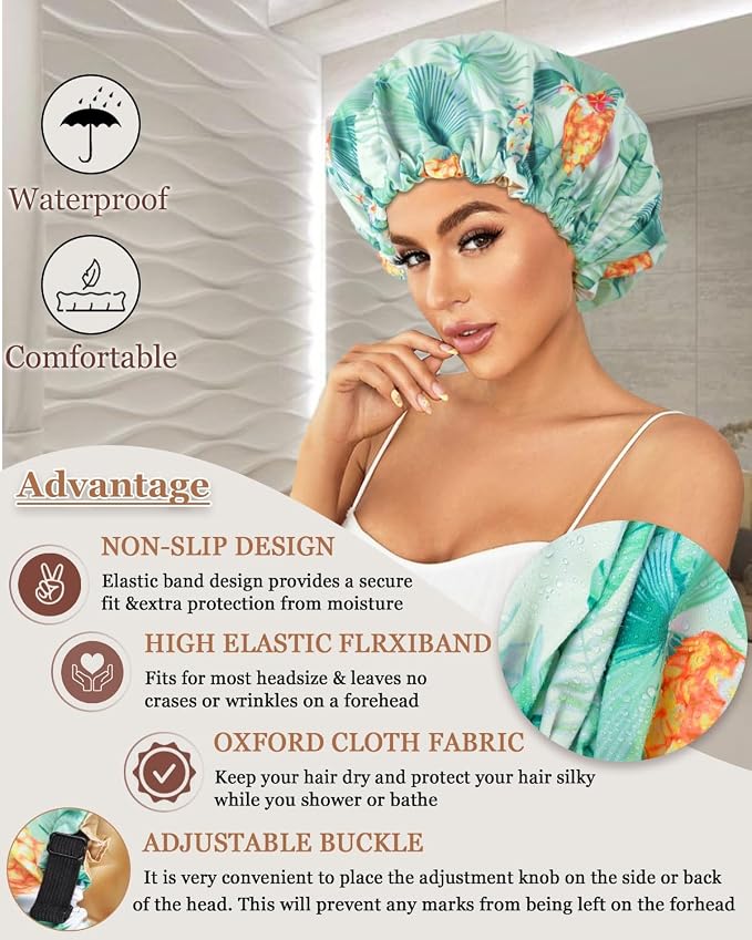 Large Shower Caps for Women Reusable Waterproof Satin Lined Shower Cap - Image 5