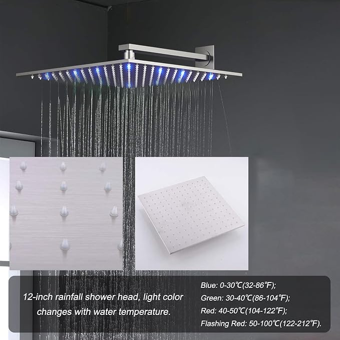Brushed Nickel 4 Way Full Body Thermostatic Shower Faucet System 12 Inch Luxury - Image 5