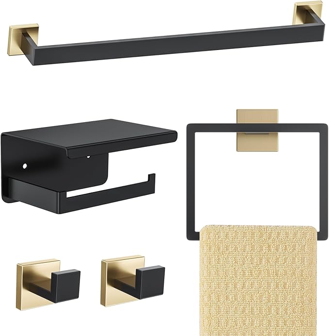Black and Gold Bathroom Hardware Accessories Set 5-Pieces Towel Bar Set by Kiakuoow