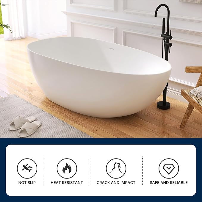 67" Stone Resin Freestanding Bathtub, Oval Solid Surface Bathroom Freestanding - Image 5
