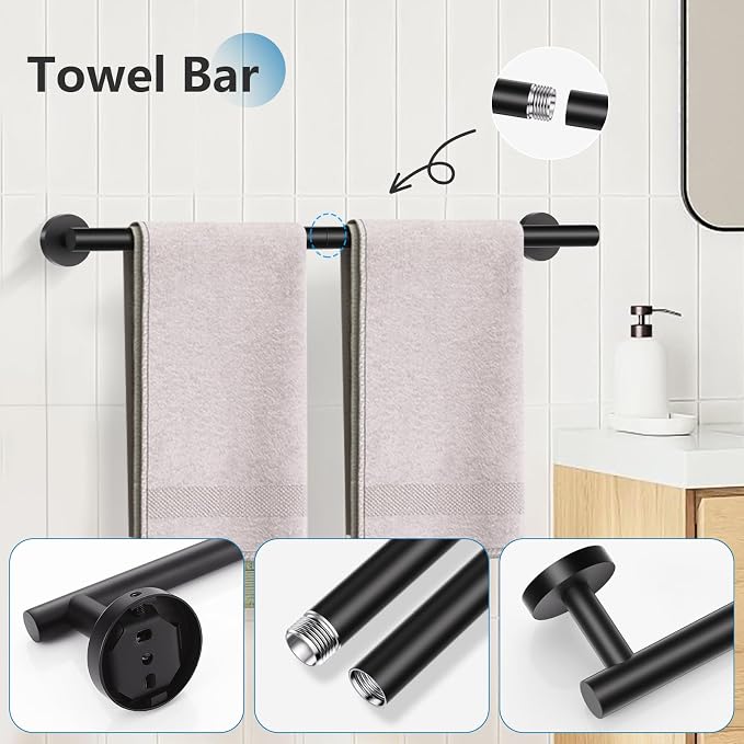 TNOMS 5 Pieces Towel Bar Set Matte Black Bathroom Hardware Set Upgraded Toilet - Image 2