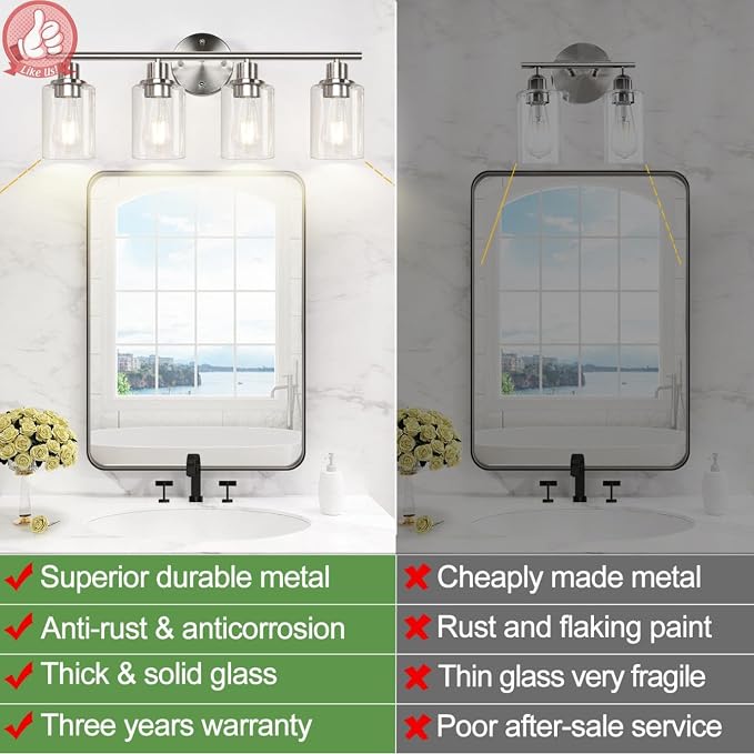4-Light Bathroom Light Fixtures, Brushed Nickel Modern Vanity Lights Over Mirror - Image 2