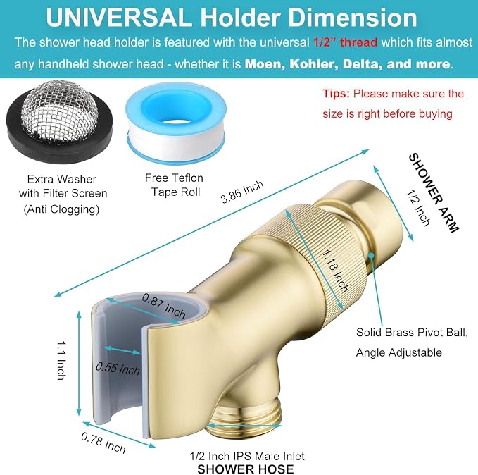 Shower Head Holder All Metal Adjustable Handheld Shower Arm Mount, 1/2" Shower - Image 3