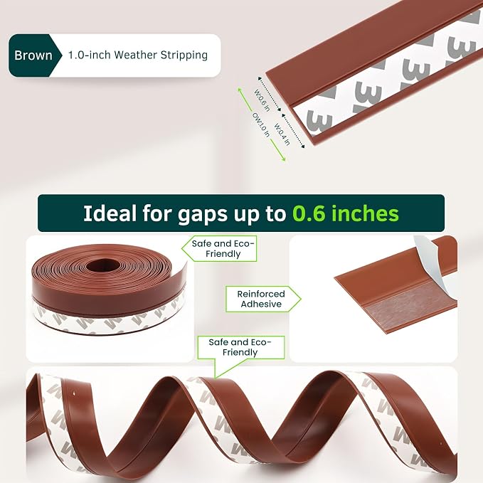 1.0in Brown Weather Stripping Door Seal – Flexible Silicone, Strong Adhesive - Image 3