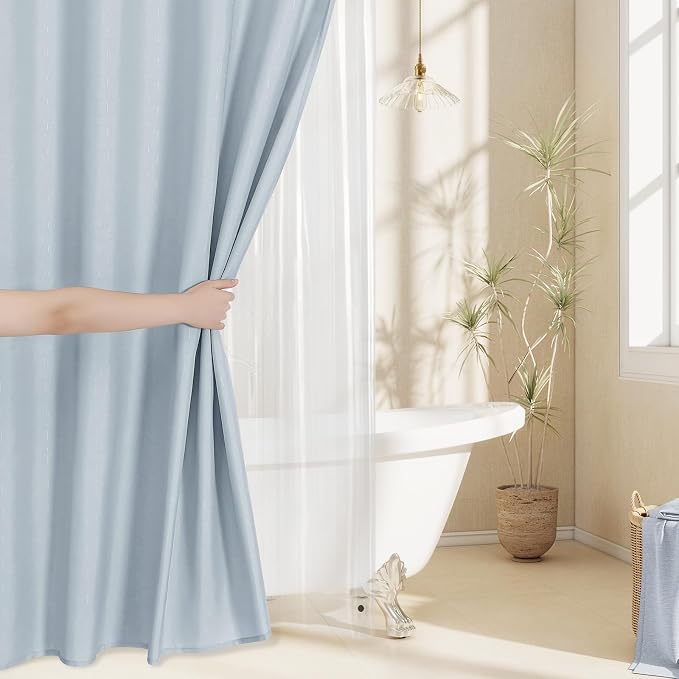 MitoVilla 3 in 1 Shower Curtain Set, FogBlue Boho Farmhouse Linen Textured Bath - Image 6
