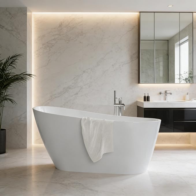 59'' Deep Soaking Acrylic Freestanding Bathtub, Modern White Tub - Image 2