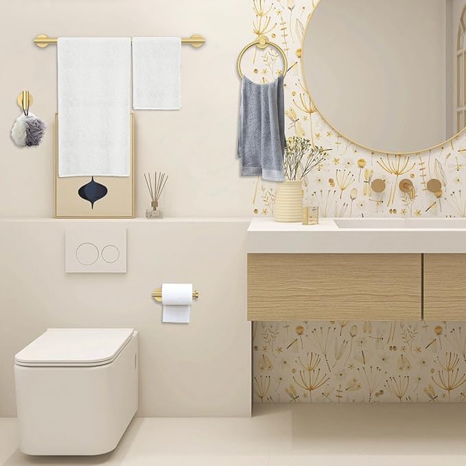 Brushed Gold Towel Bar Set 5 Pieces Round Bathroom Hardware Set Includes 23.6in - Image 7