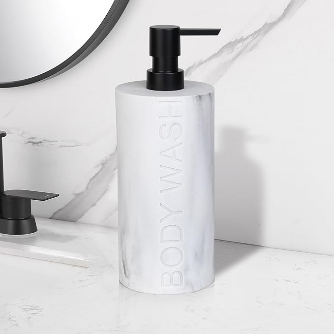 Resin White Marbled Body Wash Engraved Bottle Refillable Pump Dispenser - Image 9