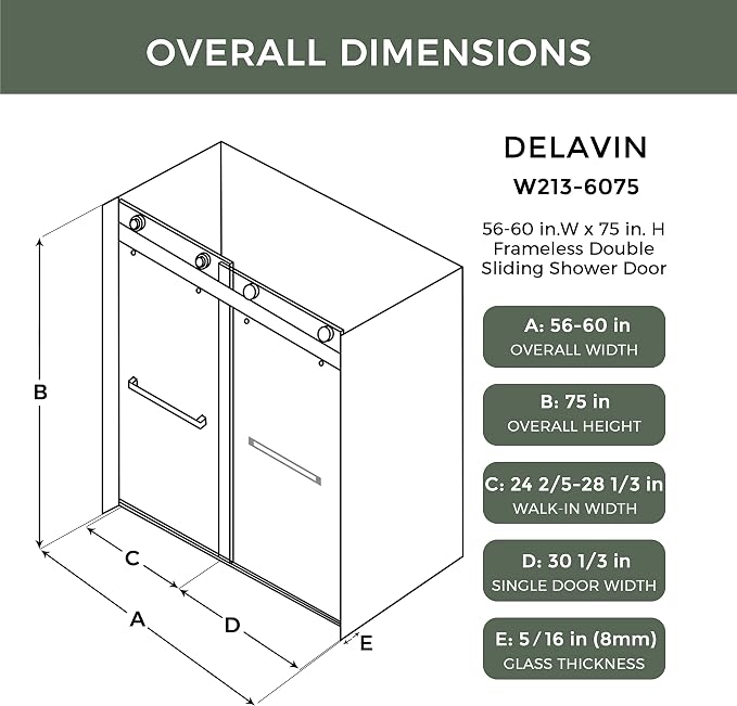 DELAVIN 56"-60" W x 75" H Frameless Shower Door, Double Sliding Shower Door - Image 8