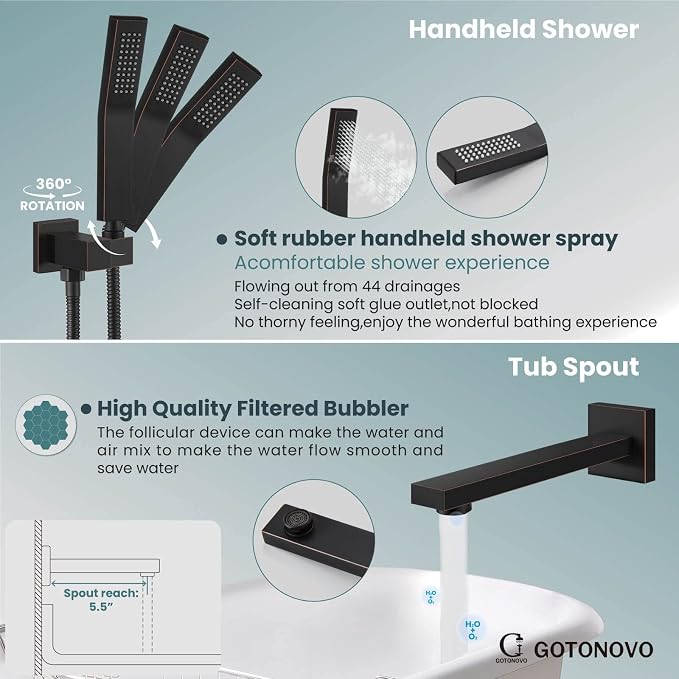 gotonovo Shower System with Tub Spout Wall Mounted Rain Shower Head and Handle - Image 7