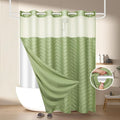 No Hook Shower Curtain and Snap in Liner Set Sage Green Tufted Chevron Striped by FADOTY
