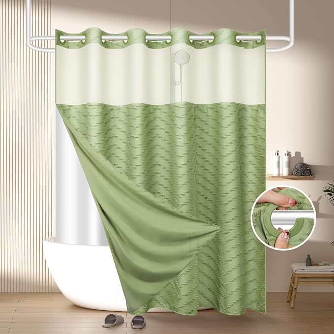 No Hook Shower Curtain and Snap in Liner Set Sage Green Tufted Chevron Striped by FADOTY