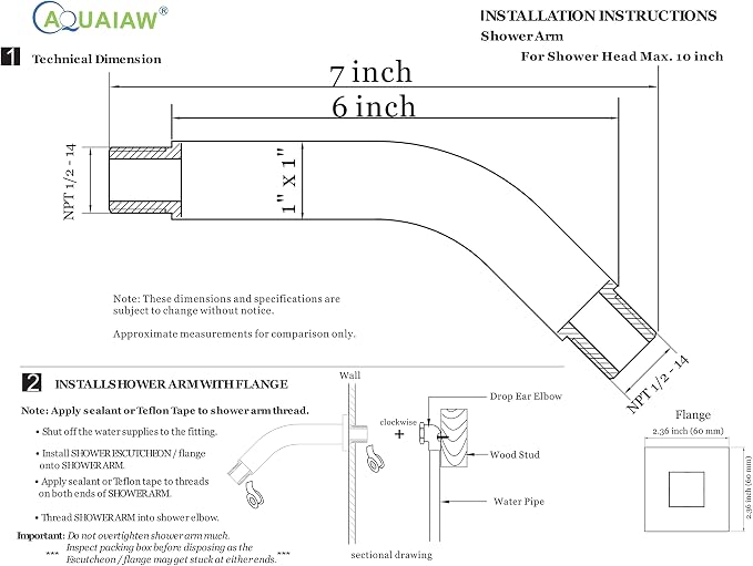 Aquaiaw Square Shower Arm and Anti-Scratch O-Ring Flange, 6 inch, Solid Brass - Image 6