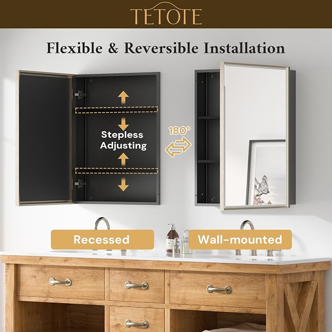 TETOTE 48" x 30" Brushed Nickel Medicine Cabinet Mirror - Image 9
