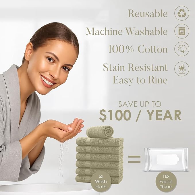 DAN RIVER 12-Pack Premium 100% Cotton Beige Face Towels – Reusable Face Towel - Image 3