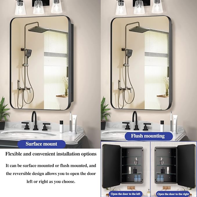 Bathroom Medicine Cabinet with 16"x26" Stainless Steel Framed Mirror, Recessed - Image 3