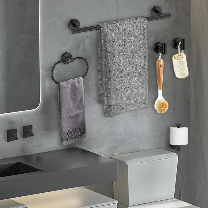 Black Bathroom Accessories Set, 7 Pieces Black Towel Bar Bathroom Hardware Set - Image 6
