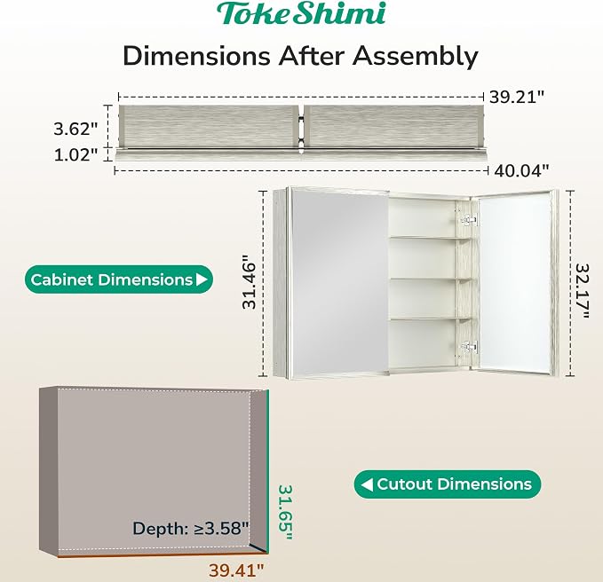 TokeShimi 40 x 32 Bathroom Mirror Cabinet, Assembly Required, Nickel Recessed - Image 2